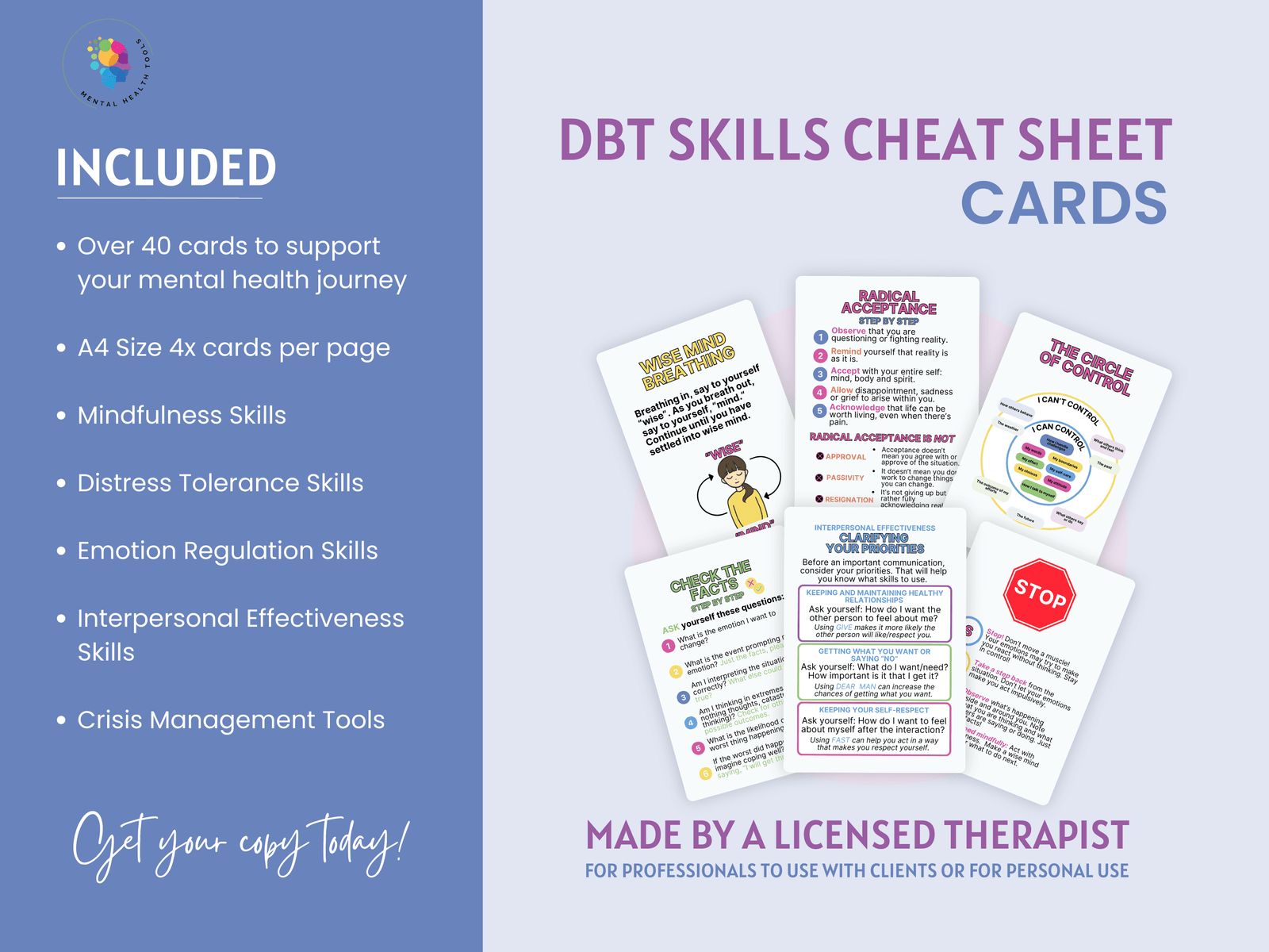 easy to understand dbt tools for emotional regulation, distress tolerance, and mindfulness cards