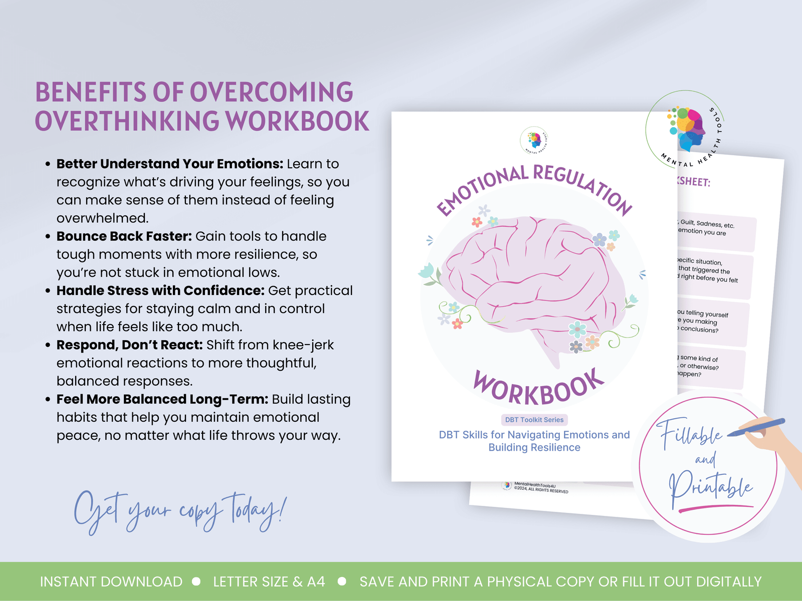 dbt toolkit emotional regulation workbook worksheet learn to emotionally regulate, control your emotions, and self regulate when triggered