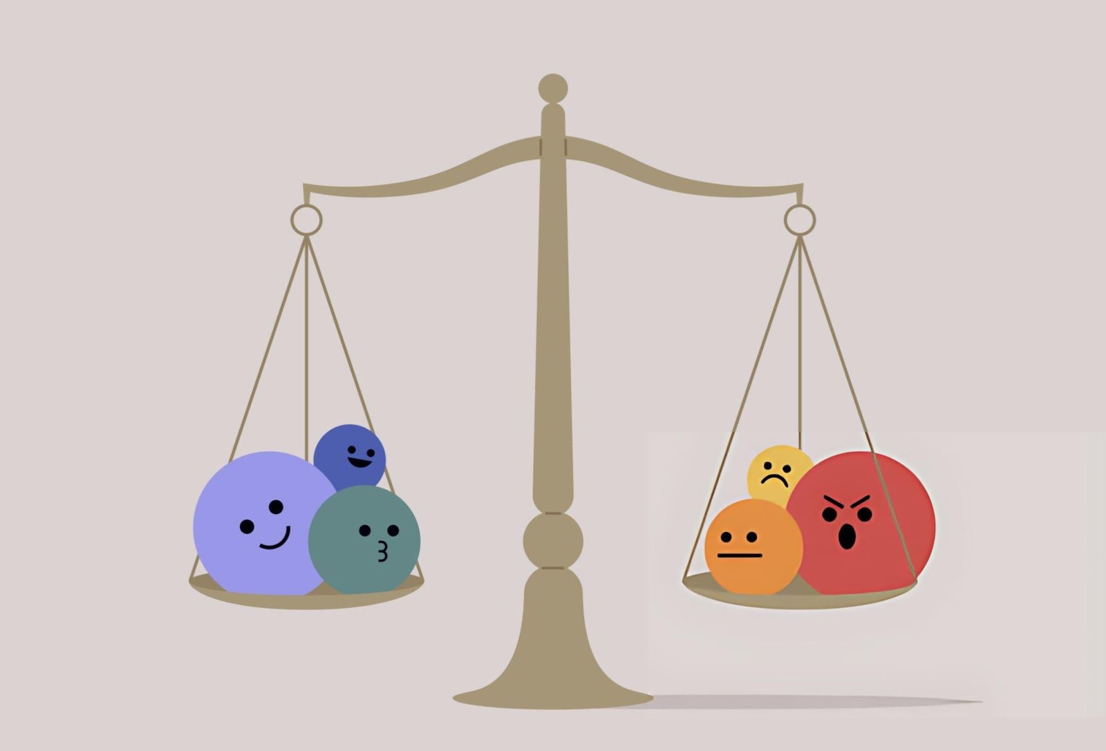 "A balance scale with faces showing different emotions, symbolizing emotional regulation by balancing positive and negative emotions.