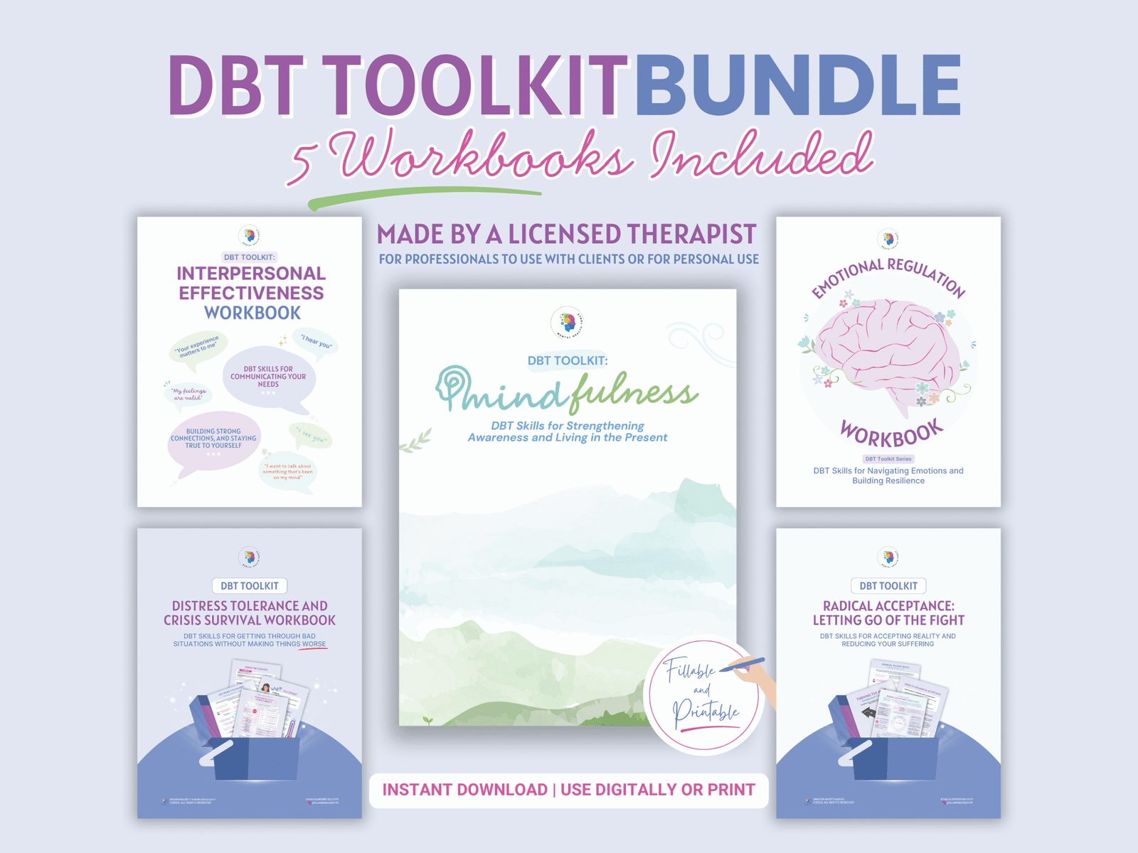 dbt skills toolkit bundle: mindfulness |radical acceptance |distress tolerance | interpersonal effectiveness | emotional regulation workbook